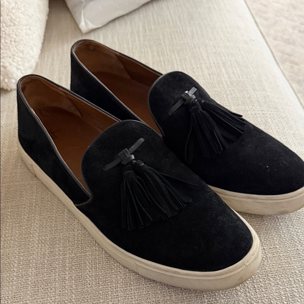 Frye Black Suede Tassel Loafers